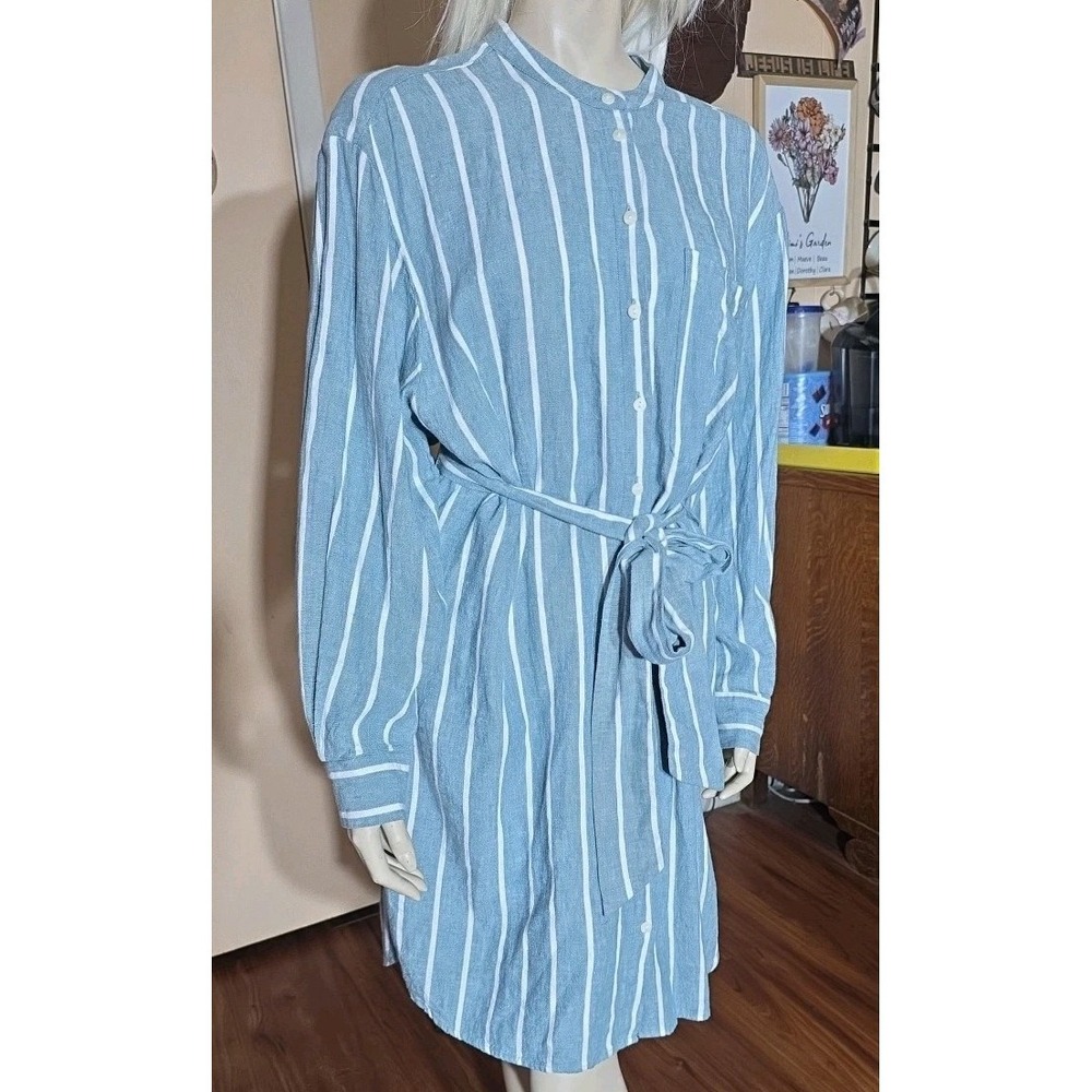 A New‎ Day Size Large Blue Linen Rayon Button Up Shirt Dress Pockets Belted